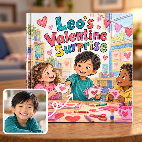 Valentine's storybook made from a boy's photo: Leo's Valentine Surprise, Leo hands out heart cards to two classmates at a craft table
