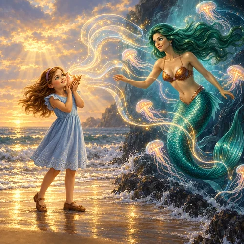 Inside page of a personalized mermaid book: Sofia hears the mermaid's song swirl out of her seashell