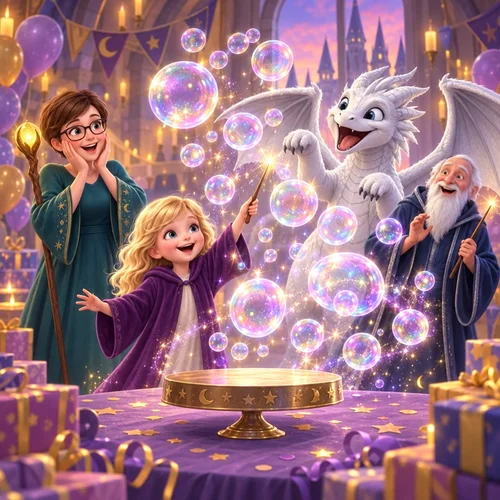 Inside page of a personalized birthday book: Staci's spell turns the birthday cake into floating bubbles as the white dragon laughs