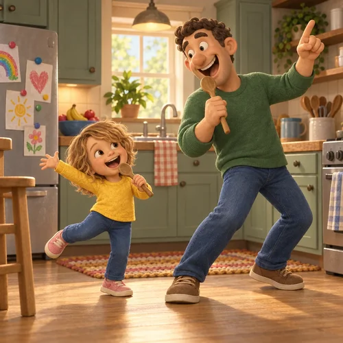Inside page of a personalized toddler book: Staci and her dad dance in the kitchen, singing into wooden spoons