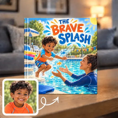 First swim lesson storybook, The Brave Splash: a boy jumps into the pool toward his swim teacher