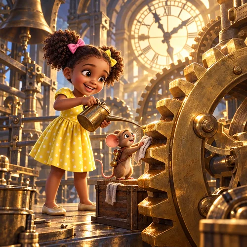 Inside page of an AI-generated children's book: Zoe and her mouse friend oil a giant brass gear in Clockwork City