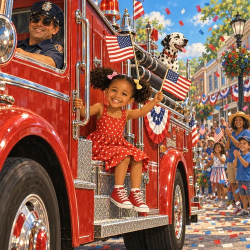Inside page of a personalized Fourth of July book: Zoe waves a flag from a red fire truck in the hometown parade